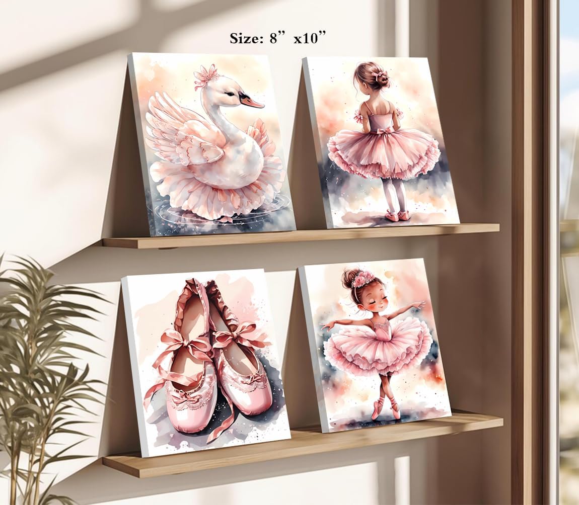 ZOIYINO Decor,Set 4(8x10) Framed Pink Ballet Nursery Wall Art,Pink Canvas Wall Art,Girls Ballerina Nursery Bedroom