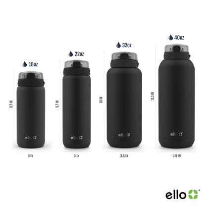Ello Cooper 22oz Stainless Steel Water Bottle with Straw and Carry Handle, Double Walled and Vacuum Insulated Metal, Leak Proof Locking Lid with Soft Silicone Spout, Reusable, BPA Free, Black