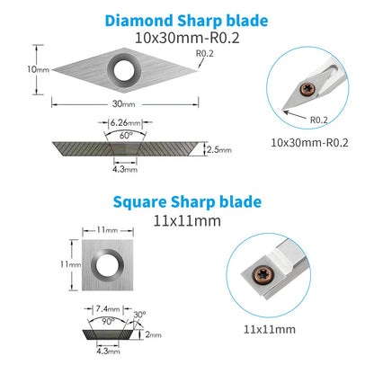DEEFIINE 18 Pieces Tungsten Carbide Cutters Inserts Set for Wood Lathe Turning Tools Include 11 mm Square with Radius, 12 mm and 8.9 mm Round, 30 x 10 mm Diamond with Pointed Point,6 Pieces screws.