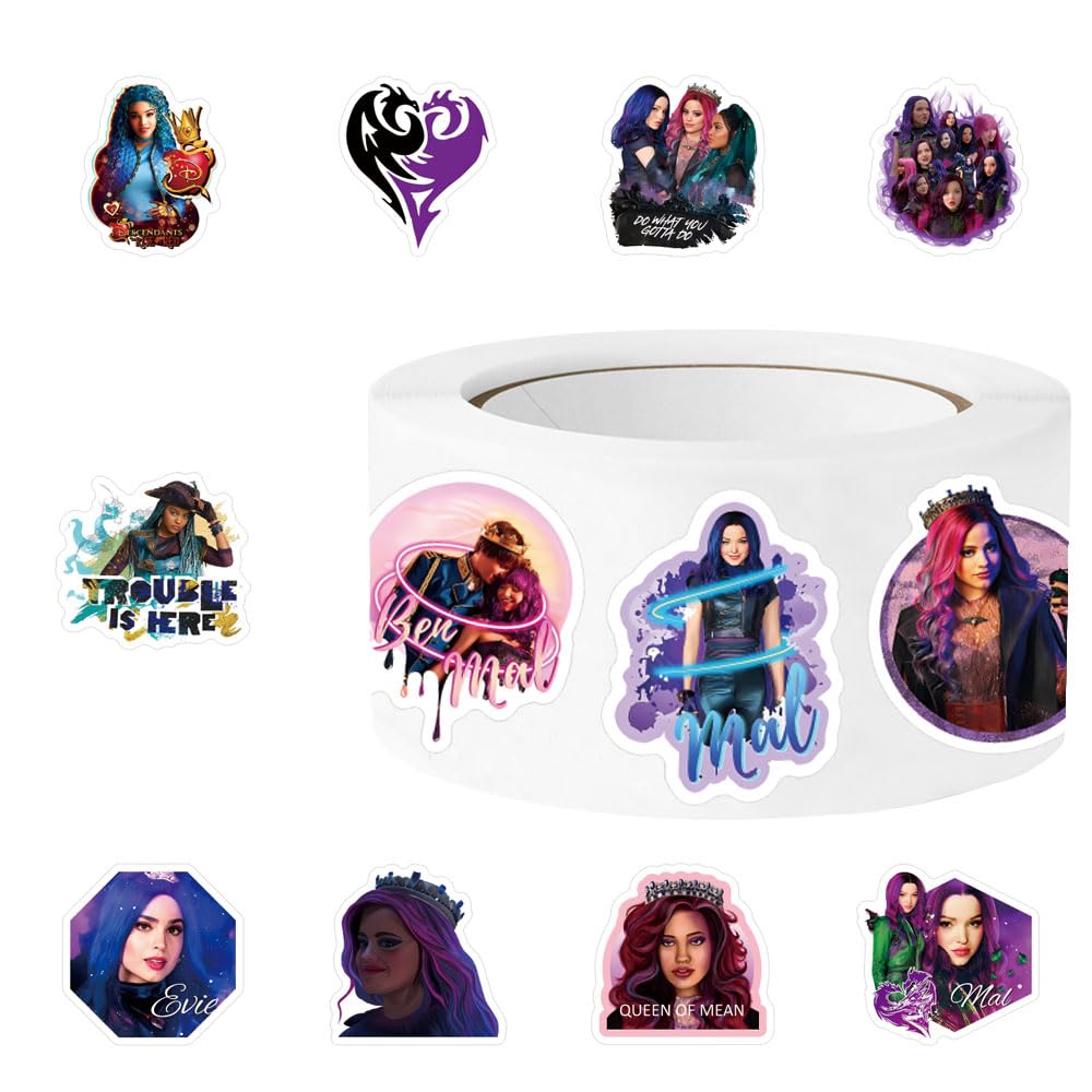 Descendants Stickers (1000pcs), 16 Sheets Aesthetics 1.5in Cartoon Decal Roll Self Adhesive Seals for Birthday Party Decoration Water Bottle Laptop Scrapbook Cards Envelope