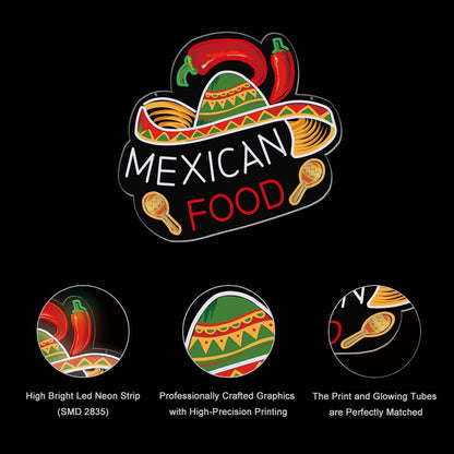 Mexican Food Neon Sign, USB Powered LED Lights, 14"x12", Restaurant Window Wall Decor, Clear Acrylic Backboard, Easy to Install, for Taqueria, Burrito Bar, Taco Stand, Latin Grill, and Food Truck