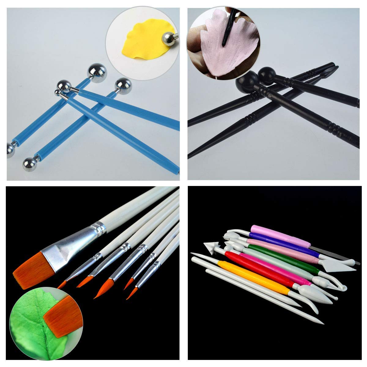 62pcs Gumpaste Flowers and Leaves Fondant Tool Leaf Tool Kit Gum Paste Flower Cutter Set Stainless Steel Flower Cutter Silicone Molds Foam Pad Veining Board Ball Tools Modelling Tools Brushes