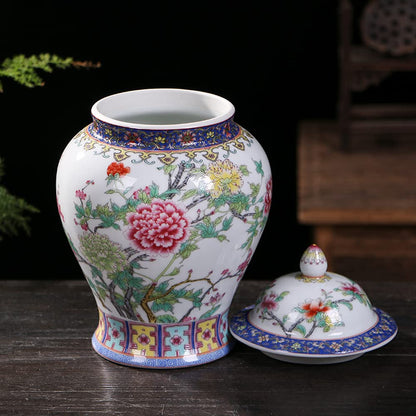 Ceramic Jar with Lid for Home Decor Traditional Chinese Flowers and Birdstemple Handcrafted Porcelain Vase (a) (a One Size)