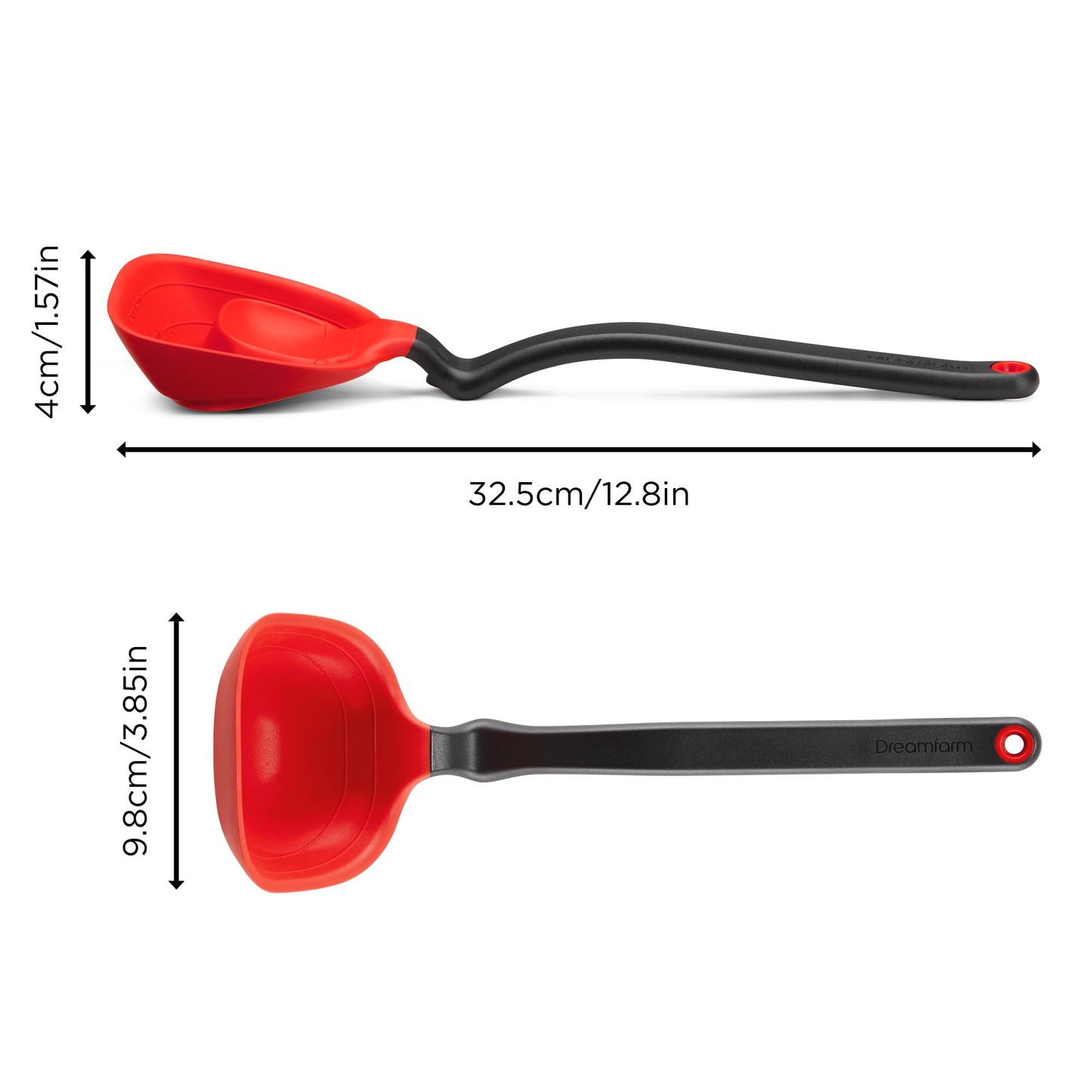 Dreamfarm Fladle Fold-Flat, Space-Saving Serving & Cooking Ladle Measures up to 1/2 Cup with Silicone Scraping Squeegee-Tip - 12" Red