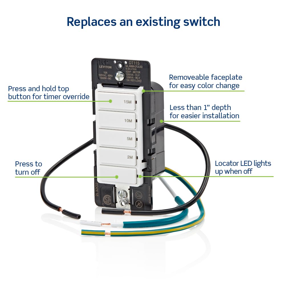 Leviton Countdown Timer Switch for bathroom fan and household lights, 5-10-15-30 min, No Neutral Required, Single Pole, 15A, 1/2 HP/9.8A Fan/Motor, DT130-1LW, White