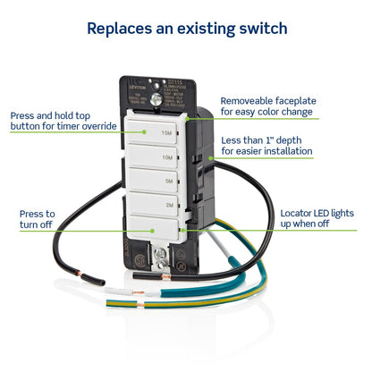 Leviton Countdown Timer Switch for bathroom fan and household lights, 5-10-15-30 min, No Neutral Required, Single Pole, 15A, 1/2 HP/9.8A Fan/Motor, DT130-1LW, White