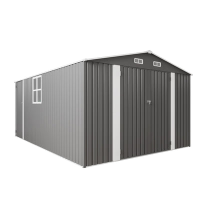 Vigo huseeo 10x14x6.7FT Outdoor Storage Shed, Galvanized Steel Garden Shed with Lockable Door & Window, Waterproof Metal Tool Storage for Garden, Backyard, Patio, Lawn(Grey)