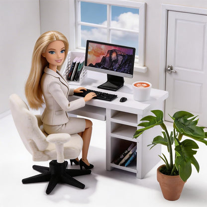 DIYDEC 1:12 Scale Miniatures Office Desk Set 14pcs Dollhouse Office Including Mini Computers Desks Office Chair Keyboard Mouse Folder Books Potted Plants for Tiny Stuff Dollhouse Figurines