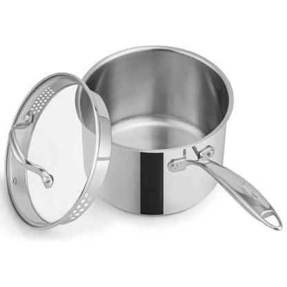 Ciwete 3 Qt Stainless Steel Saucepan with Glass Strainer Lid, 3 Quart Pot Stainless Steel Sauce Pan with Pour Spout, Mirror Polishing, Compatible with All Cooktops Dishwasher Safe Oven Safe