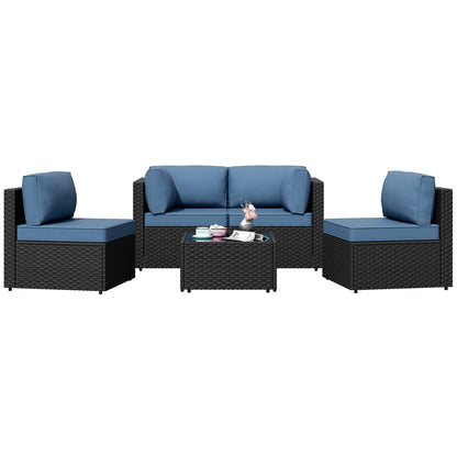 Patio Furniture Sets, 5 Piece Outdoor Sectional Sofas, Wicker Rattan Outdoor Furniture Patio Conversation Set, All-Weather PE Rattan Outdoor Couch for Backyard, Garden, Black & Aegean Blue