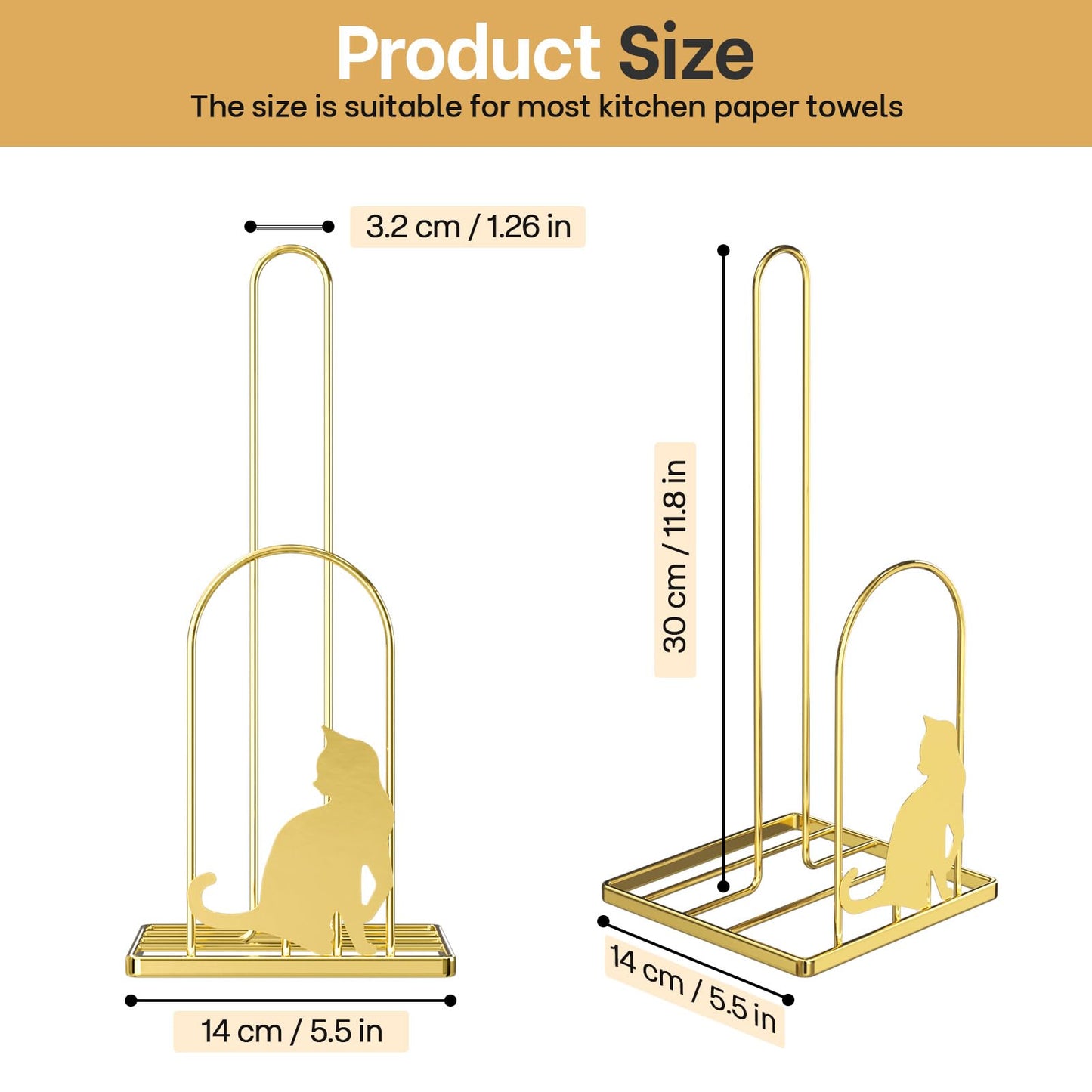 Megier Paper Towel Holder for Countertop, Kitchen Paper Towel Stand with Cat Pattern Decoration，Fit Standard Jumbo Roll in Dining Table or Bathroom, Toilet Paper Dispenser with Heavy Duty Base (Gold)