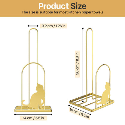 Megier Paper Towel Holder for Countertop, Kitchen Paper Towel Stand with Cat Pattern Decoration，Fit Standard Jumbo Roll in Dining Table or Bathroom, Toilet Paper Dispenser with Heavy Duty Base (Gold)