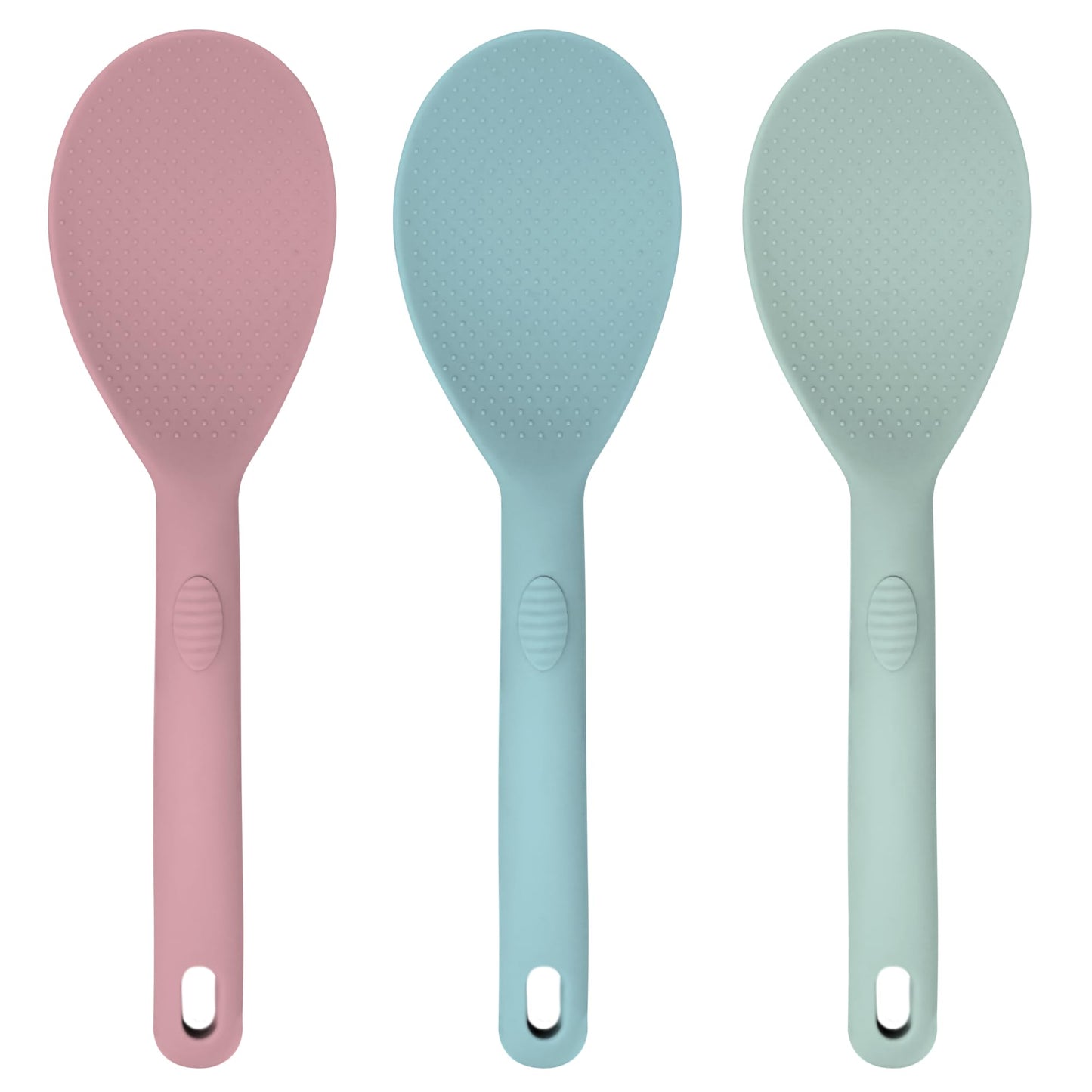 JS Gourmet 3 Pcs Colorful Silicone Rice Paddle, Heat Resistant Non-Stick Rice Spoon Spatula with Comfortable Handle for Cooking and Serving Mashed Potatoes, Scrambled Eggs, Sticky Bread Pudding