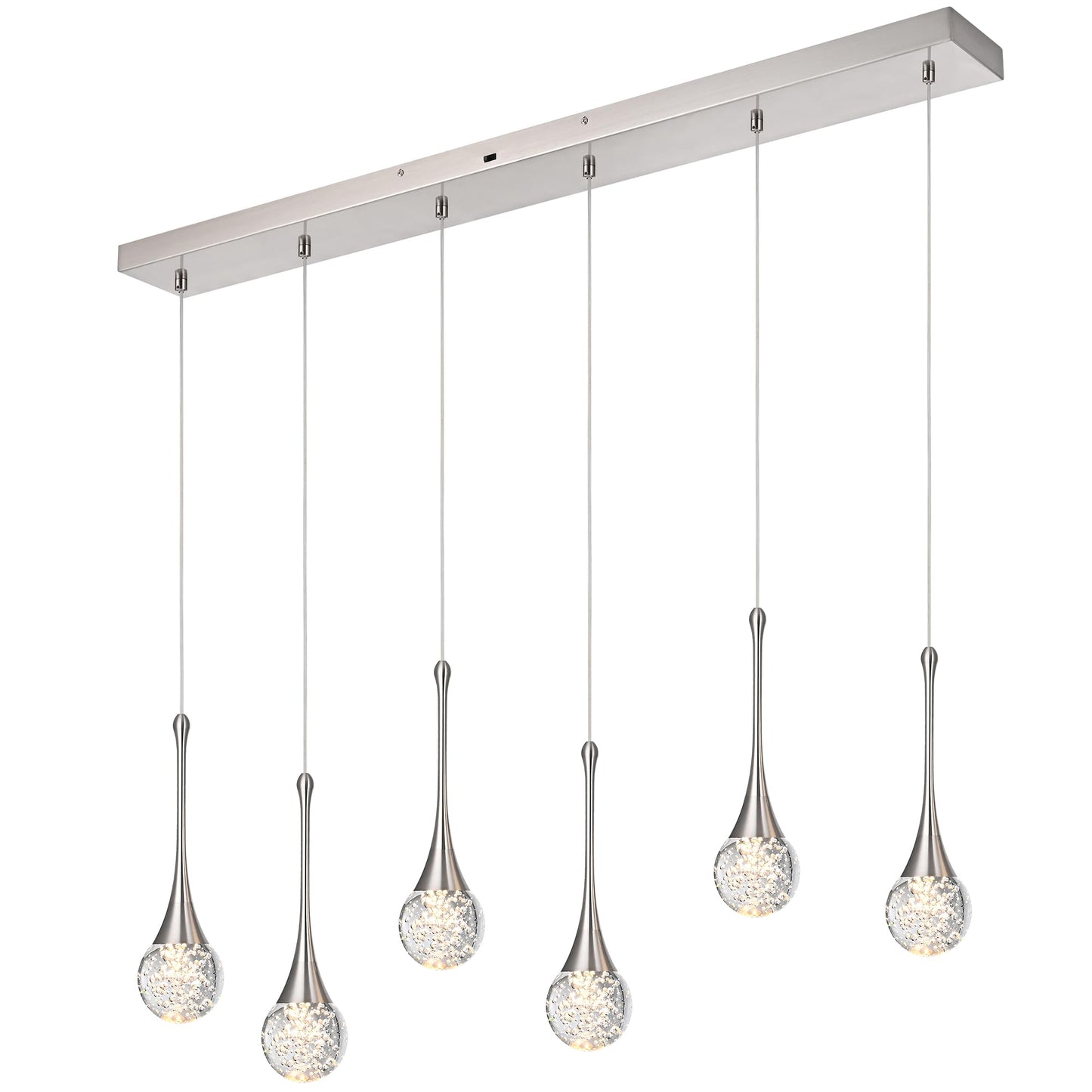 VINLUZ 6-Light Rectangle Brushed Nickel Crystal Chandelier, Dimmable LED Bubble Raindrop Modern Pendant Lighting Fixture, Luxury Elegant Adjustable Spiral Ceiling Light for Entryway Living Room Island