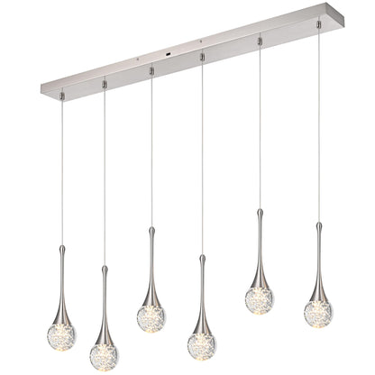 VINLUZ 6-Light Rectangle Brushed Nickel Crystal Chandelier, Dimmable LED Bubble Raindrop Modern Pendant Lighting Fixture, Luxury Elegant Adjustable Spiral Ceiling Light for Entryway Living Room Island
