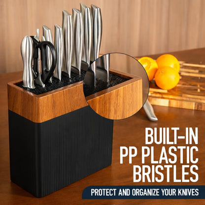 BRVSTVN Modern Universal Knife Block Without Knives – Acacia Wood Knife Holder Stand with Bristles for Easy Knife Organization & Storage for Kitchen Counter | Cutlery Display