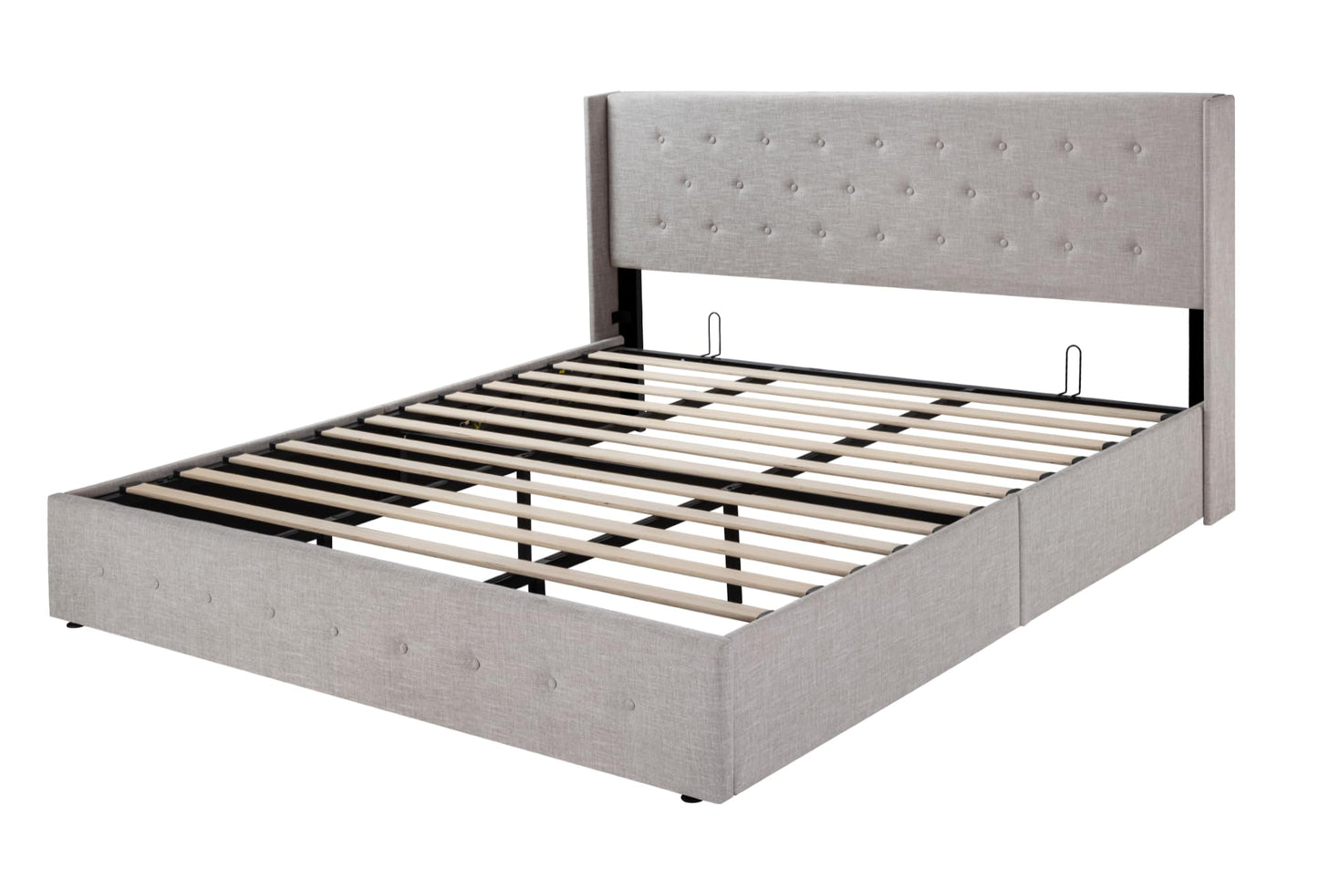 SHA CERLIN King Size Lift Up Storage Bed Frame,Button Tufted Wingback Headboard,Upholstered Platform,Hydraulic Storage,Wooden Slat Support,No Box Spring,Light Beige