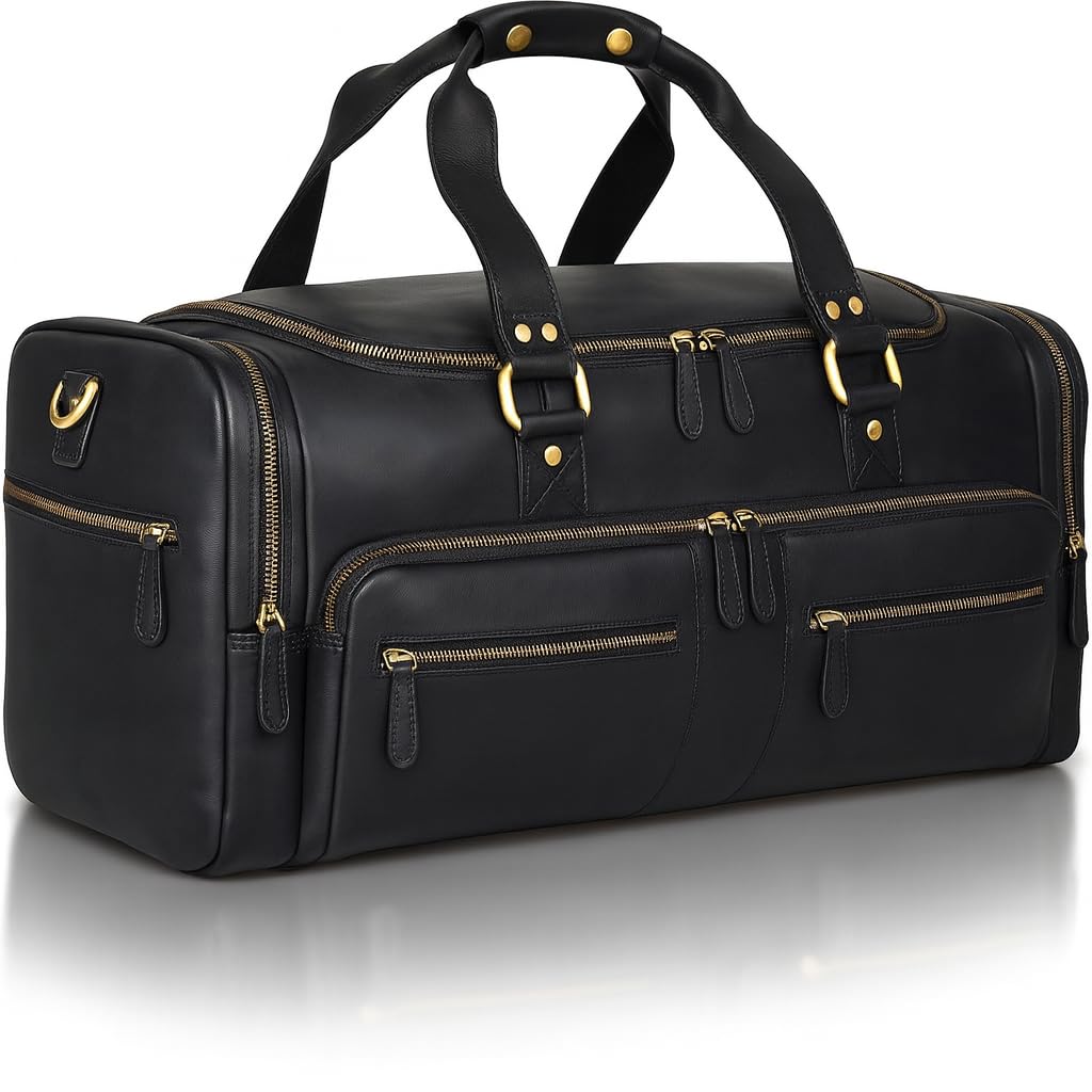 Luxorro Full Grain Leather Duffle Bag for Men | TSA Approved 22x14x9 Carry On Luggage | 22 Inch, 45L Capacity | Overnight Weekender & Travel Duffel | Black