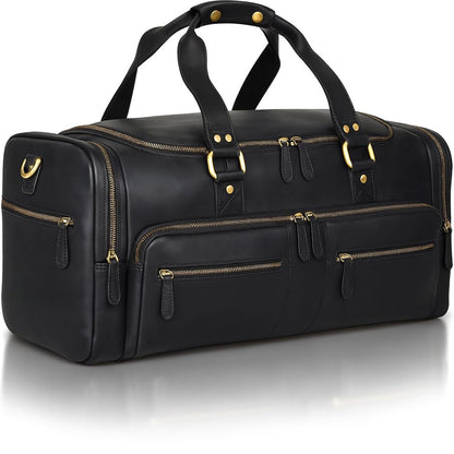 Luxorro Full Grain Leather Duffle Bag for Men | TSA Approved 22x14x9 Carry On Luggage | 22 Inch, 45L Capacity | Overnight Weekender & Travel Duffel | Black