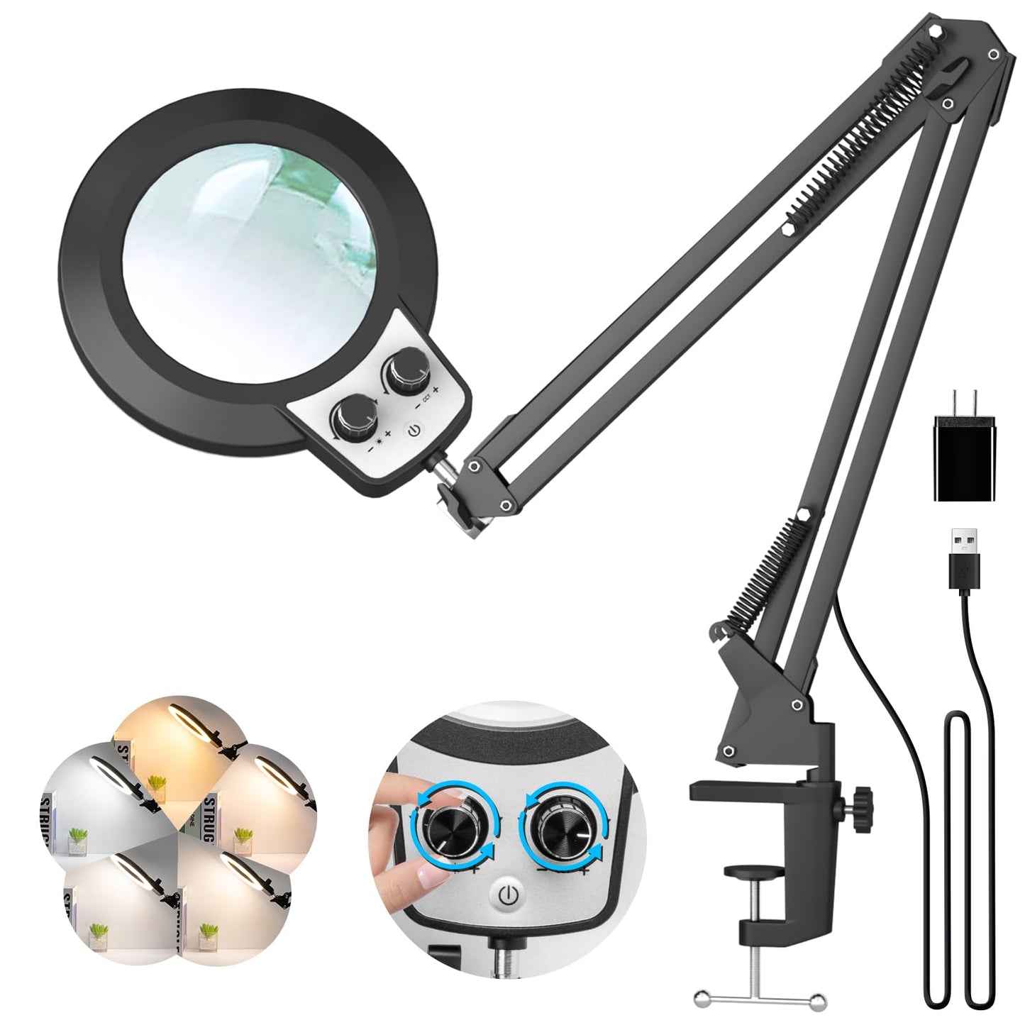 KIRKAS 12X Magnifying Glass with Light and Stand, Overhead Knob Magnifying Lamp for Workbench Craft, Sewing, LED Lighted Magnifier Real Glass Lens Adjust Arm Stepless Dimming and Color(22in Clamp)