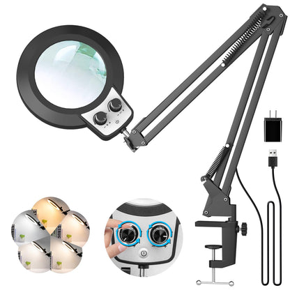 KIRKAS 12X Magnifying Glass with Light and Stand, Overhead Knob Magnifying Lamp for Workbench Craft, Sewing, LED Lighted Magnifier Real Glass Lens Adjust Arm Stepless Dimming and Color(22in Clamp)