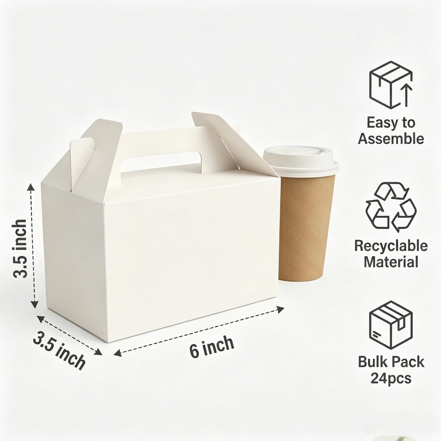 Treelement 24 Pack White Gable Boxes with Handle and Stickers,6×3.5×3.5 Inch Goodie Treat Boxes for Cookie, Party Favors,Birthday,Graduation,Lunch,Holiday Gifting