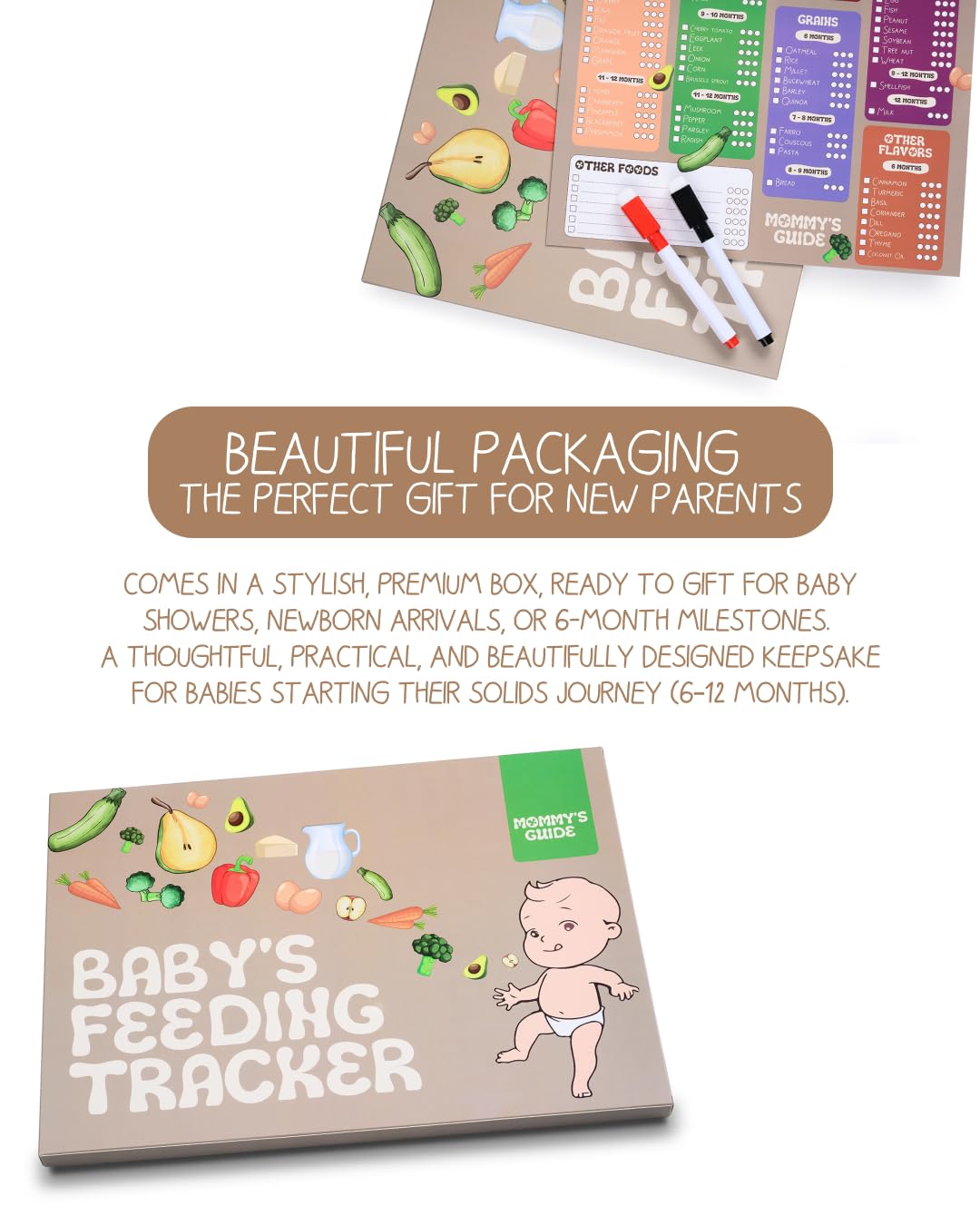 Baby Food Tracker Magnet Board, Baby Food Chart for Fridge - 101 Foods Before 1 Checklist Magnet, Glossy Laminated Monthly Baby First Food Tracker with 2 Magnetic Markers & Baby Food List - 35 x 25 cm