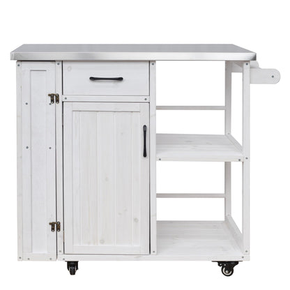 Outdoor Kitchen Island Cart with Stainless Steel Top, Rolling Grill Table with Storage Cabinet Drawer Shelves and Towel Rack, Wooden BBQ Prep Station with Lockable Wheels for Patio Backyard, White