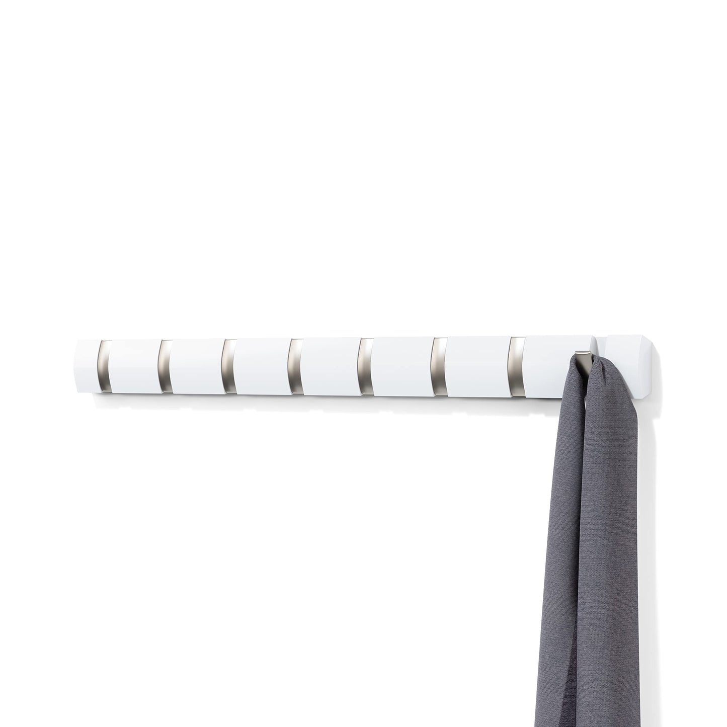 Umbra Flip Wall-Mounted Coat Rack with 8 Hooks – Modern, Space-Saving Storage for Hats, Jackets, Bags, Entryway, Mudroom, Closet, Bathroom, Bedroom – White/Nickel