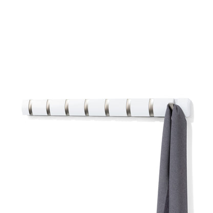 Umbra Flip Wall-Mounted Coat Rack with 8 Hooks – Modern, Space-Saving Storage for Hats, Jackets, Bags, Entryway, Mudroom, Closet, Bathroom, Bedroom – White/Nickel
