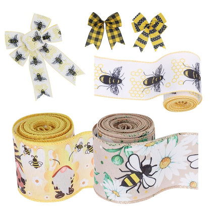 SiCai Ribbon 6 Rolls 30 Yards Bee Ribbon,Wired Edge Ribbon,Honey Ribbon for Spring Summer Craft Wrapping,2.5 inches Stripes,Polka,Dots,Gnome Ribbons Floral Arrangements,Packages,Home Decor