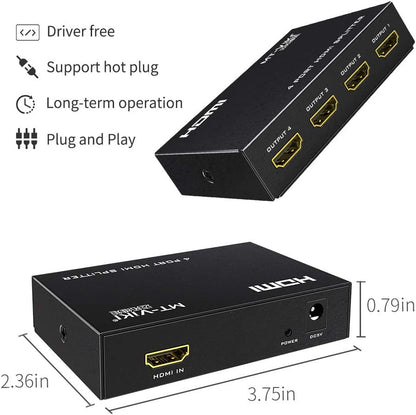 MT-ViKI HDMI Splitter - 1 In 4 Out 4K 30Hz HDMI Distributor for Gaming Consoles & PCs | Power Adapter Included