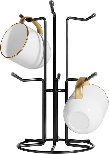 HULISEN Mug Tree for Large Cups, Counter Coffee Mug Holder with 6 Hooks, Metal Coffee Cup Holder Tree, Standing Rack for Countertop, Kitchen Counter Decor, Black
