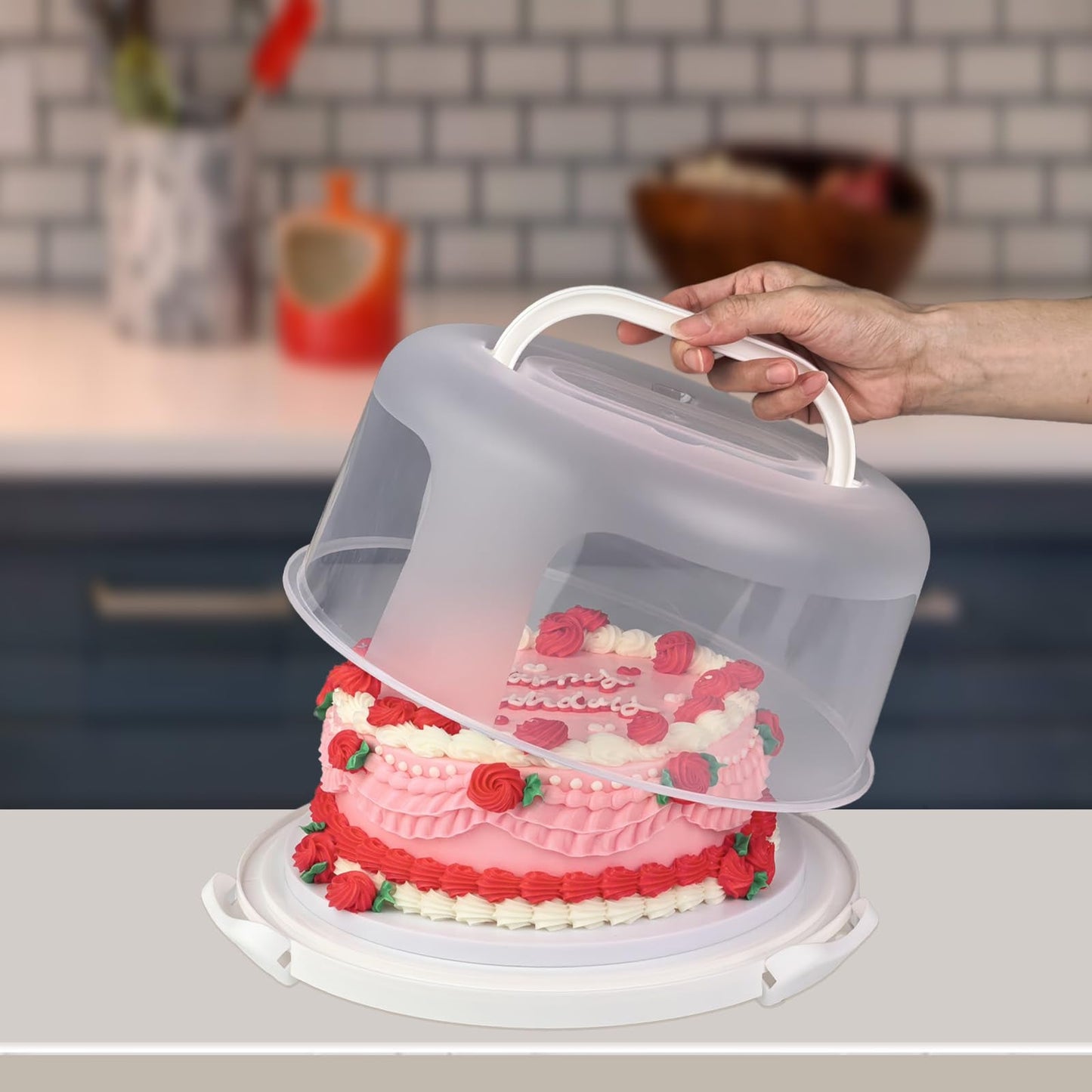 Arineng 10 inch Round Cake Carrier Box with Lid and Handle, Transportation Insulated Bag for Cakes, Cupcakes and Pies, Triple Locking Design for Safe Transportation (Grey, 5.5 Inches High)