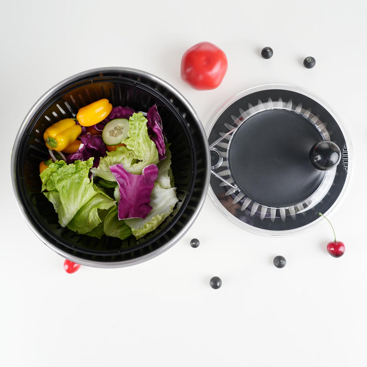 SURKAI Salad Spinner with 5 Blades – 5L Large Capacity Vegetable Washer & Dryer, Push Button Fast Spin, Built-in Drain System, Stainless Steel Bowl, Non-Slip Base – All-in-One Kitchen Prep Tool