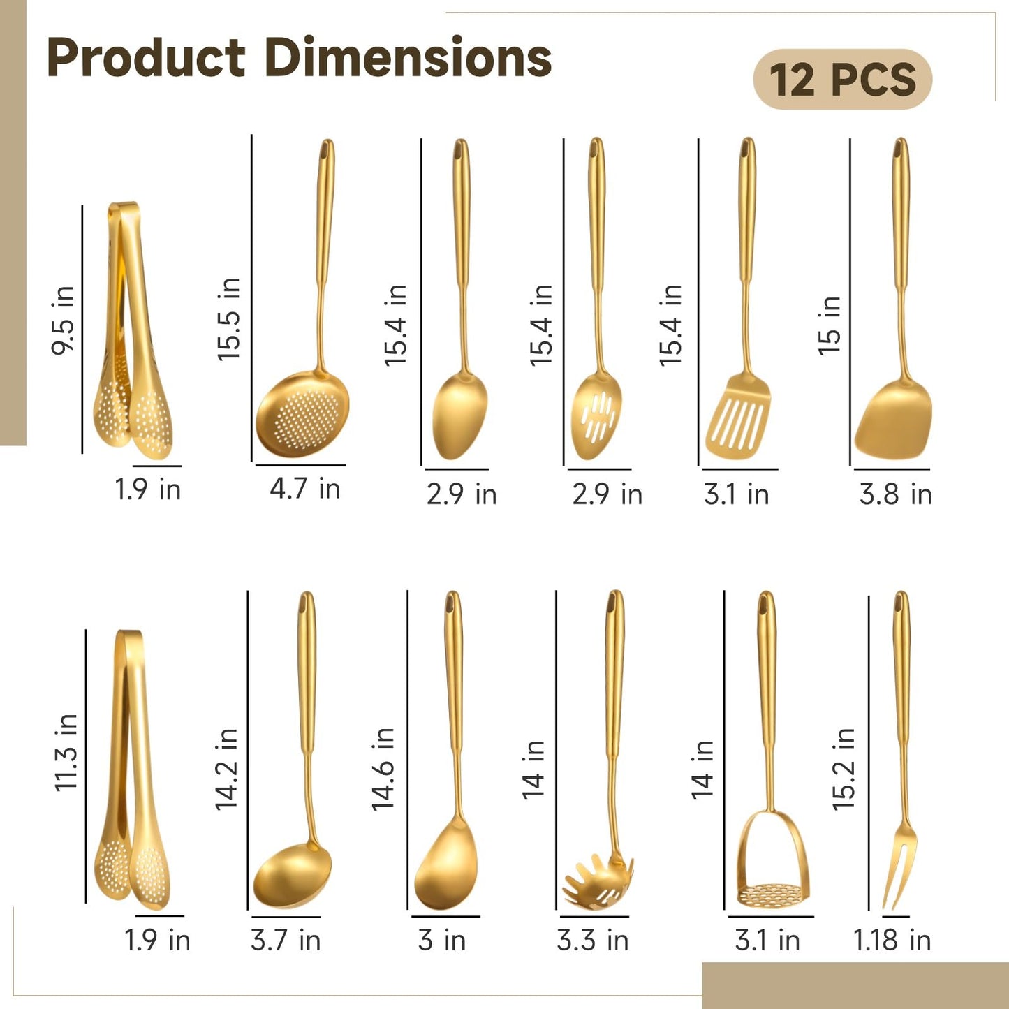 12 Pcs Gold Cooking Kitchen Utensil Set - 304 Stainless Steel Cooking Utensils with Ergonomic Handle, Include Spatula Turner Soup Ladle and Food Tongs, Excellent Cooking Gadgets Tools Set