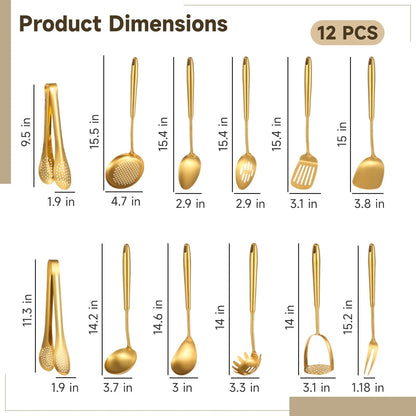 12 Pcs Gold Cooking Kitchen Utensil Set - 304 Stainless Steel Cooking Utensils with Ergonomic Handle, Include Spatula Turner Soup Ladle and Food Tongs, Excellent Cooking Gadgets Tools Set