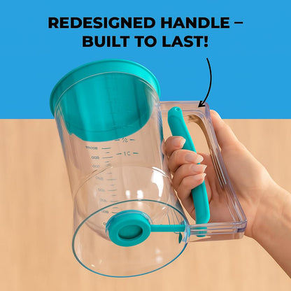 Pancake Batter Dispenser - Kitchen Must Have Tool for Perfect Pancakes, Cupcake, Waffle, Muffin Mix, Cake & Crepe - Easy Pour Baking Supply for Griddle - Pancake Maker with Measuring Label (Turquoise)