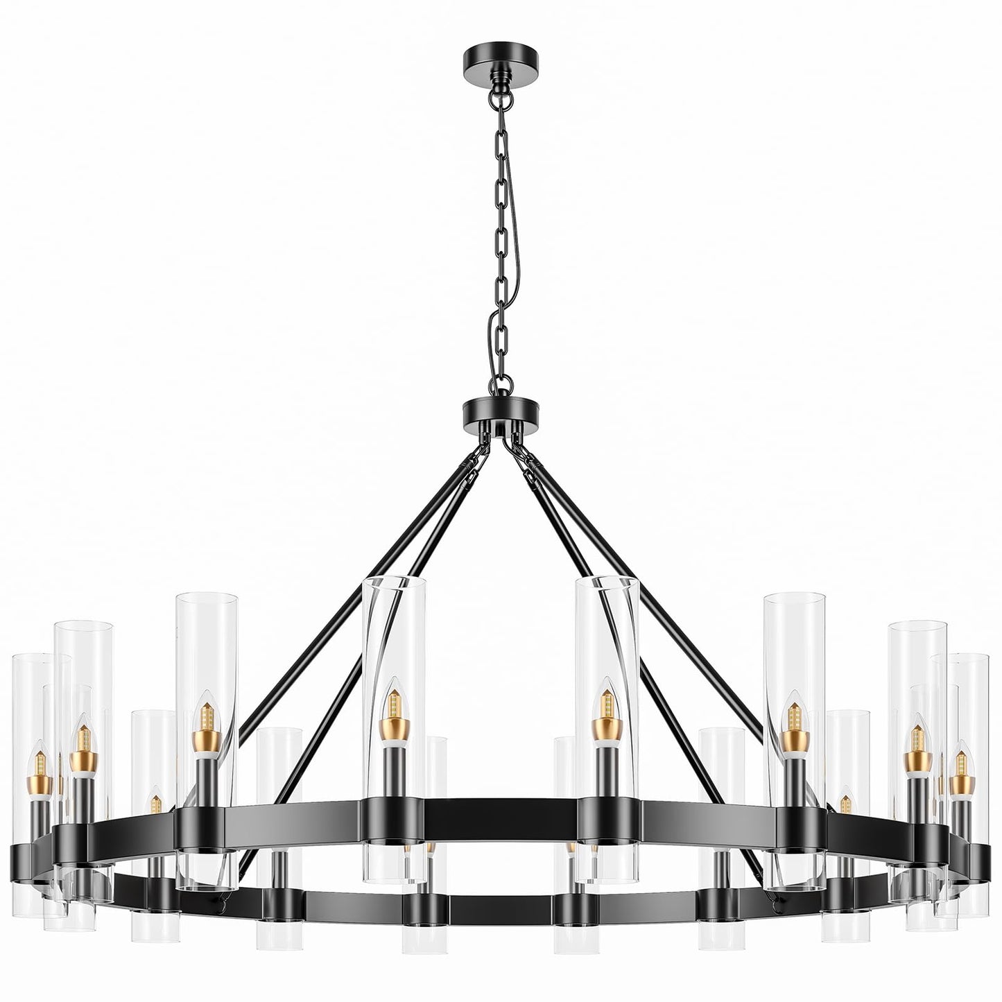 AEULYTIR 48 Inch Black Wagon Wheel Chandelier with Glass Shade, 16 Lights, Modern Farmhouse Style, Ideal for Dining Room, Kitchen, Entryways