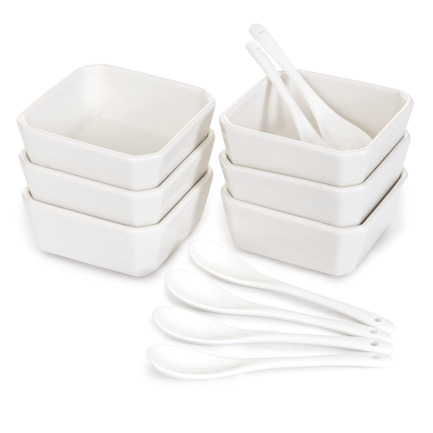 FAMHH 6 Oz White Porcelain Serving Bowls Set – 6 Small Bowls and 6 Serving Spoons – Sturdy, Oven- and Dishwasher-Safe Ceramic Condiment Cups for Sauces, Desserts and Appetizers