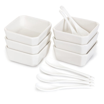 FAMHH 6 Oz White Porcelain Serving Bowls Set – 6 Small Bowls and 6 Serving Spoons – Sturdy, Oven- and Dishwasher-Safe Ceramic Condiment Cups for Sauces, Desserts and Appetizers