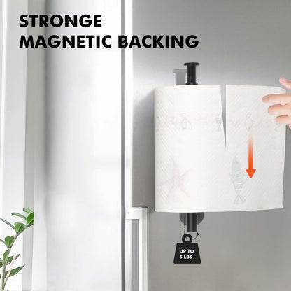 KIHOGEM Magnetic Paper Towel Holder, One Hand Operable Paper Towel Holder Wall Mount Self Adhesive and Strong Magnetic Backing for Kitchen Refrigerator Grill RV(Black)