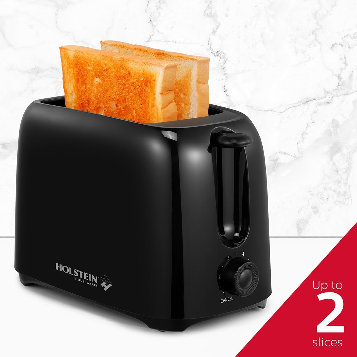 Holstein Housewares 2-Slice Toaster with 6 Browning Control Settings, Black, for Toasting Bread and Bagels