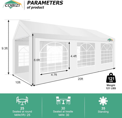 COBIZI 10x20FT Party Tent Heavy Duty for Parties Outdoor Gazebo White Event Shelter Wedding Canopy, BBQ Carport Commercial with Removable Sidewall Windows, Powder Coating (Better Than Galvanized)
