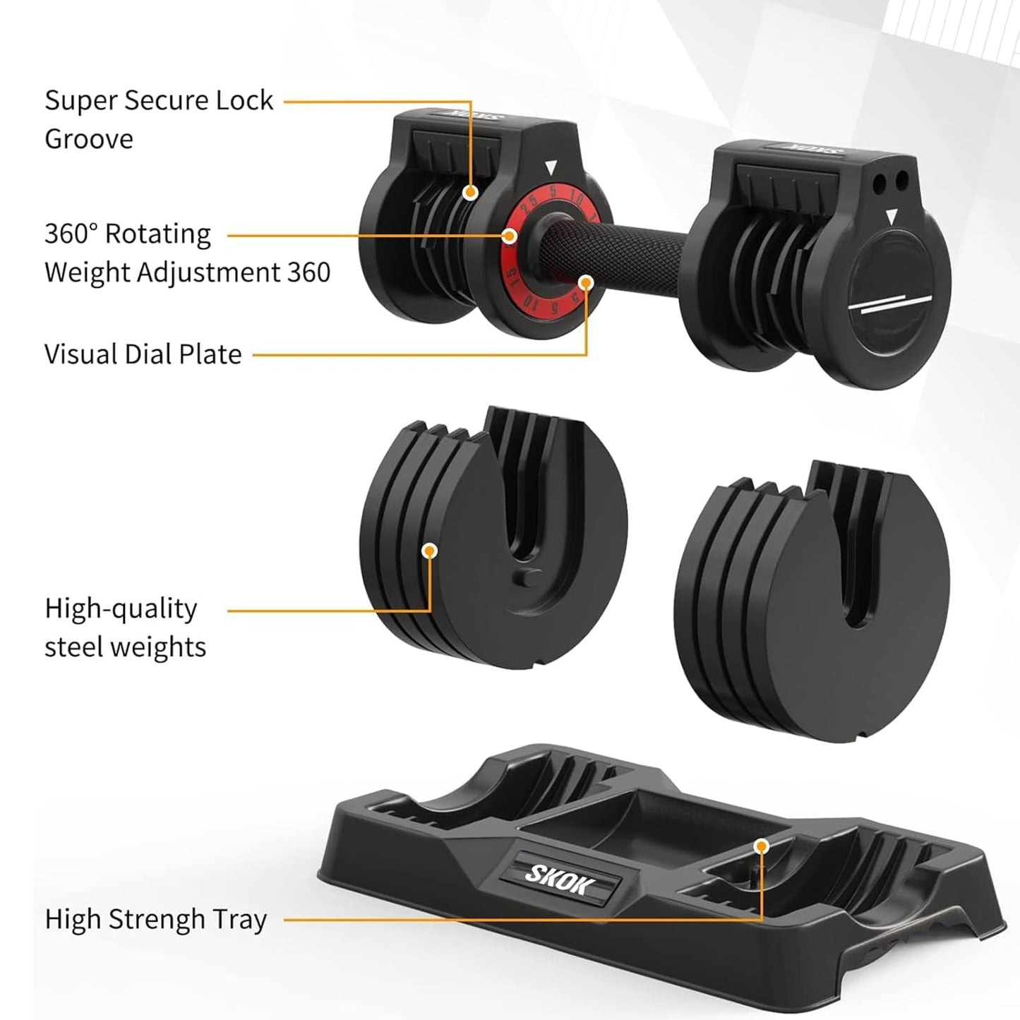 SKOK 25 lbs Pair Adjustable Dumbbells Set, Adjustable Weights Dumbbells Set for Men and Women with Anti-Slip Fast Adjust Weight by Turning Handle with Tray