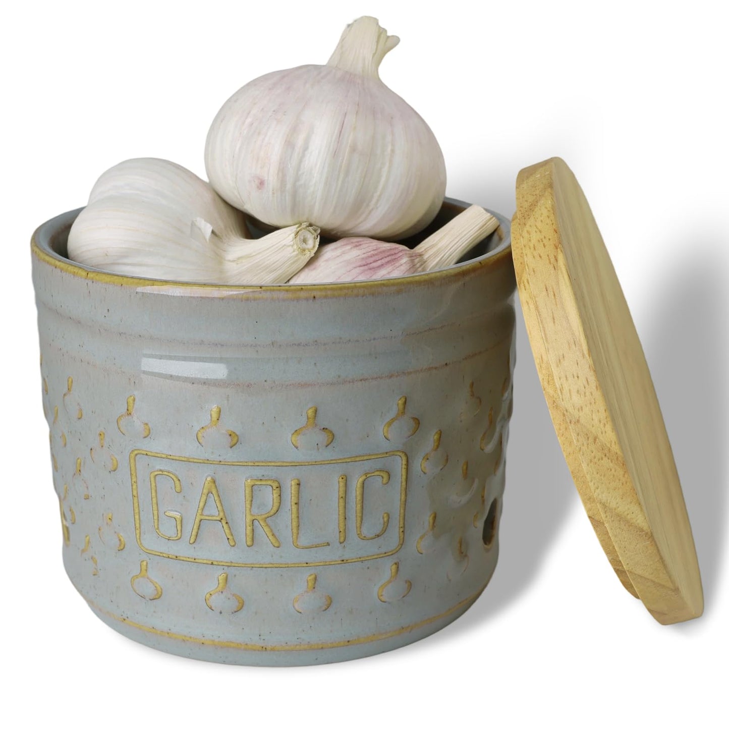 GDCZ Garlic Keeper with Lid, Ceramic Garlic Holder Storage Container to Keep Your Garlic Cloves Fresh Longer, 4.3 Inch (Grey)