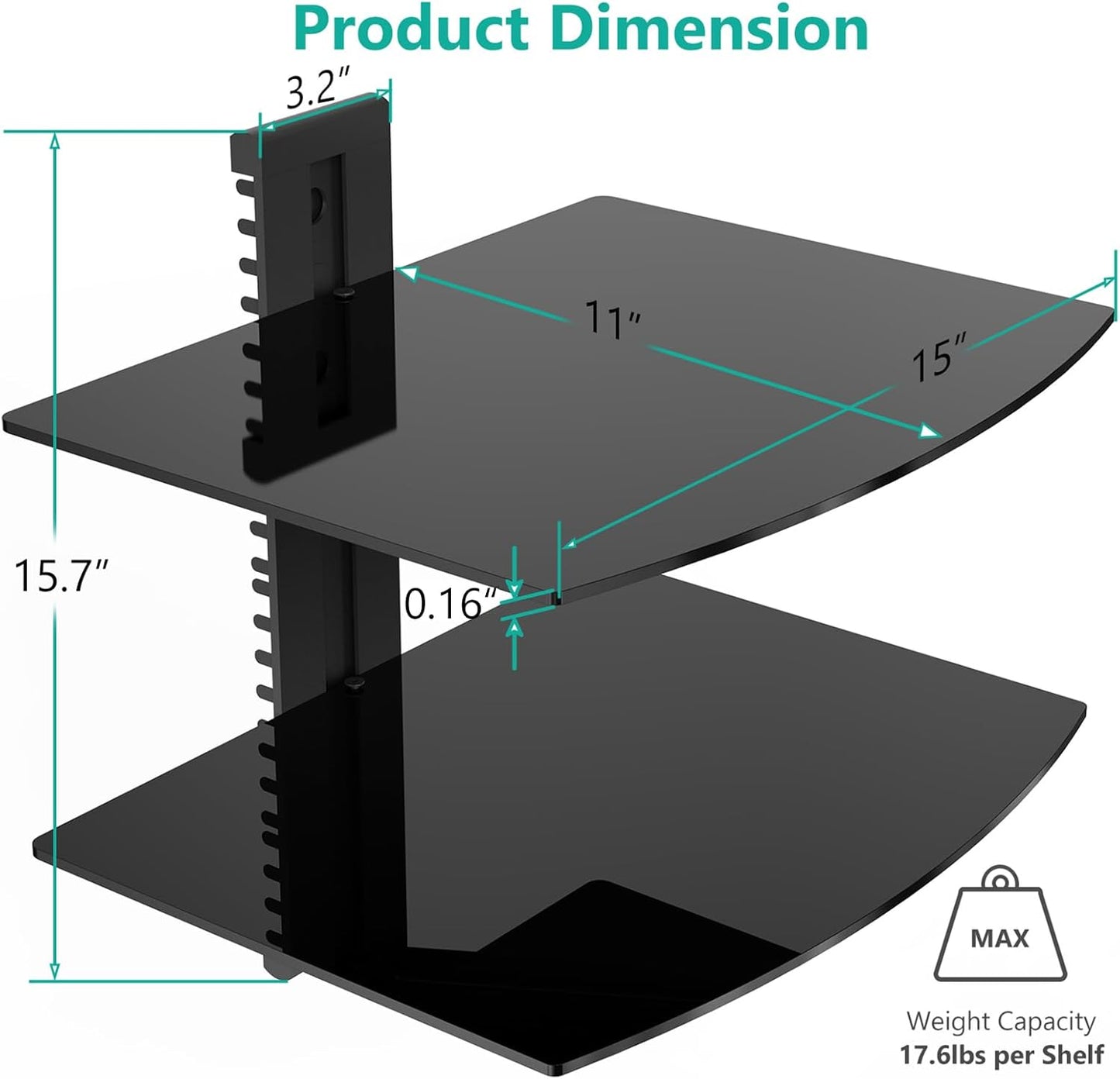 2 17.6lbs (CS202B), 2-Shelf, WALI Floating TV Shelf, Tier Glass Projector Shelf for DVD Players, Routers, Game