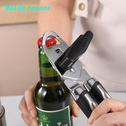 Manual Can Opener, Effortless Operation, Remove Lid with Magnet, 3 in 1 Bottle Opener & Milk Powder Opener, Soft Grip Handles, Easy to Turn, Heavy Duty Can Openers for Seniors - Black