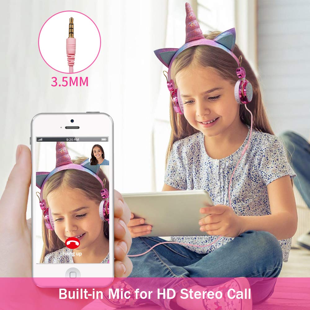 TCJJ Unicorn Kids Headphones for Girls Children Teens, Wired Headphones for Kids with Adjustable Headband, 3.5mm Jack and Over On Ear Headset w/Mic for School Birthday Xmas Unicorn Gift