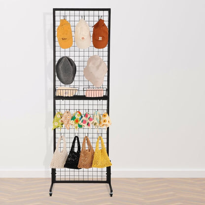 OUDUCK 1.8' x 5.7' Grid Wall Panels Standing Wire Grid, Display Rack with T-Base Wheels Freestanding Gridwall Panel Tower for Shows, Black